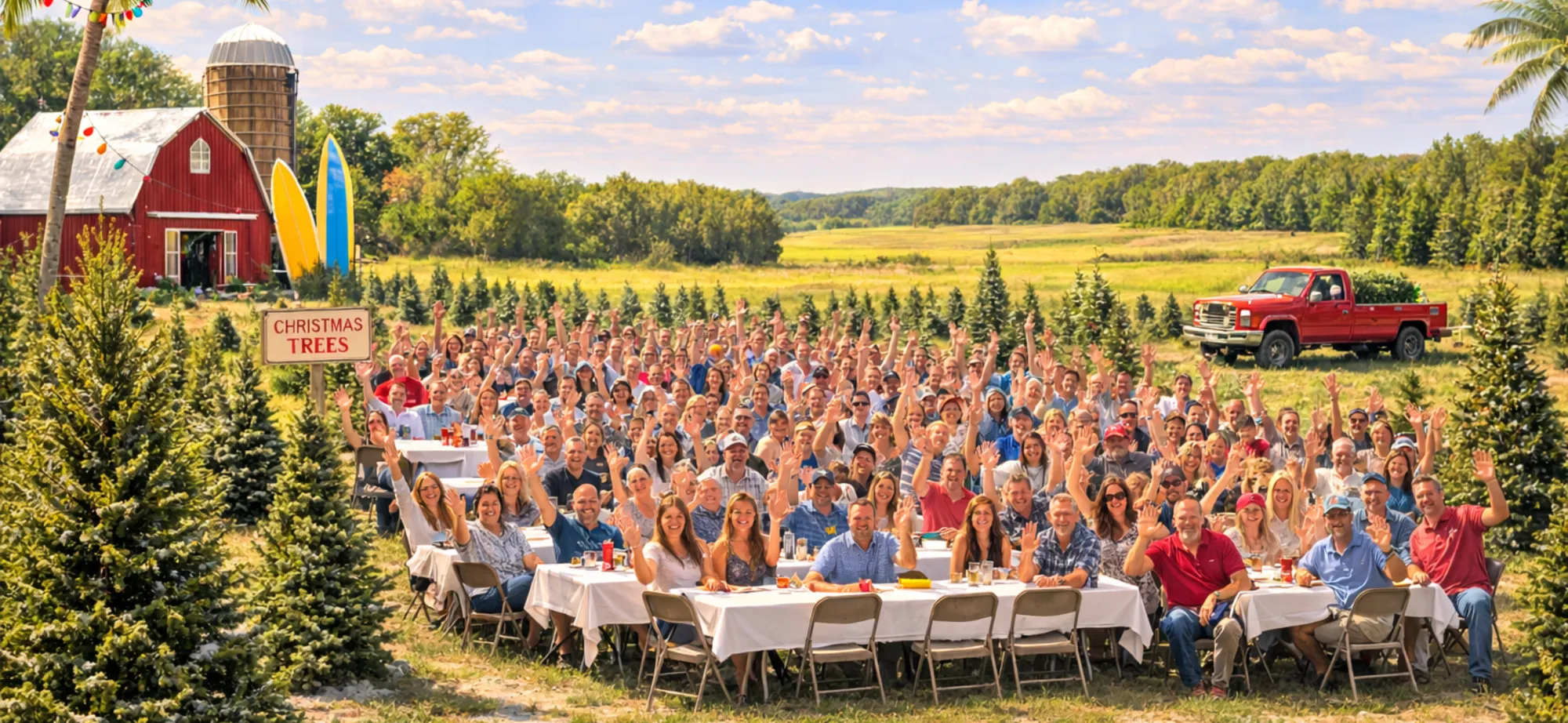 people seated at a christmas tree farm conference waving at the camera