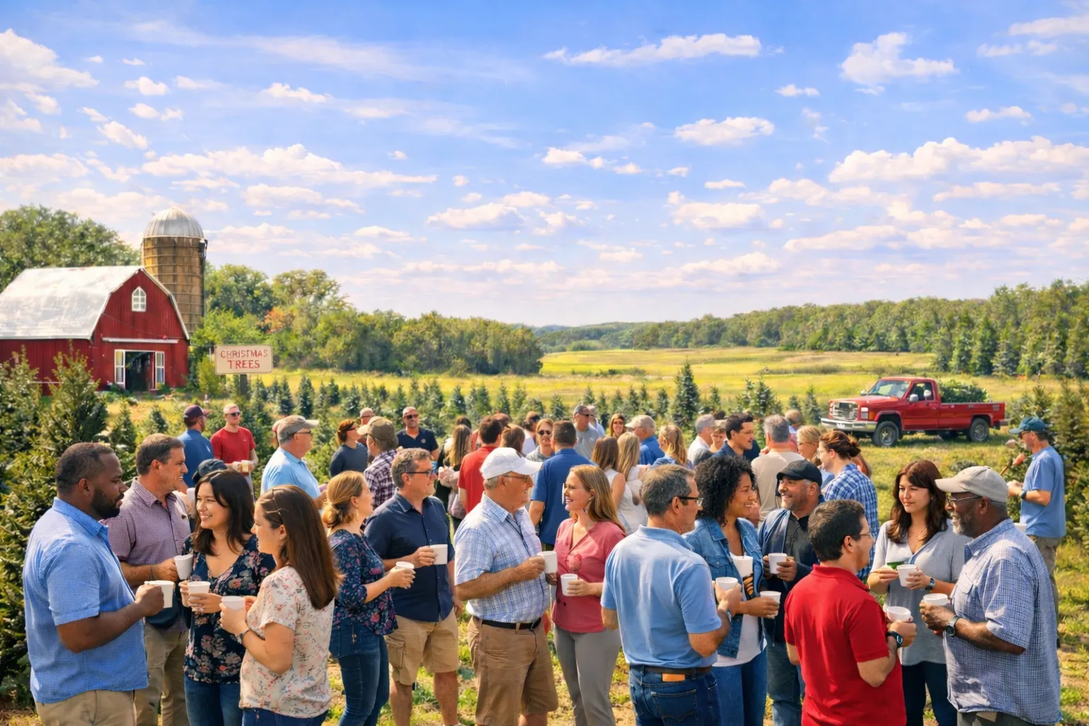 people networking at a conference on the christmas tree farm